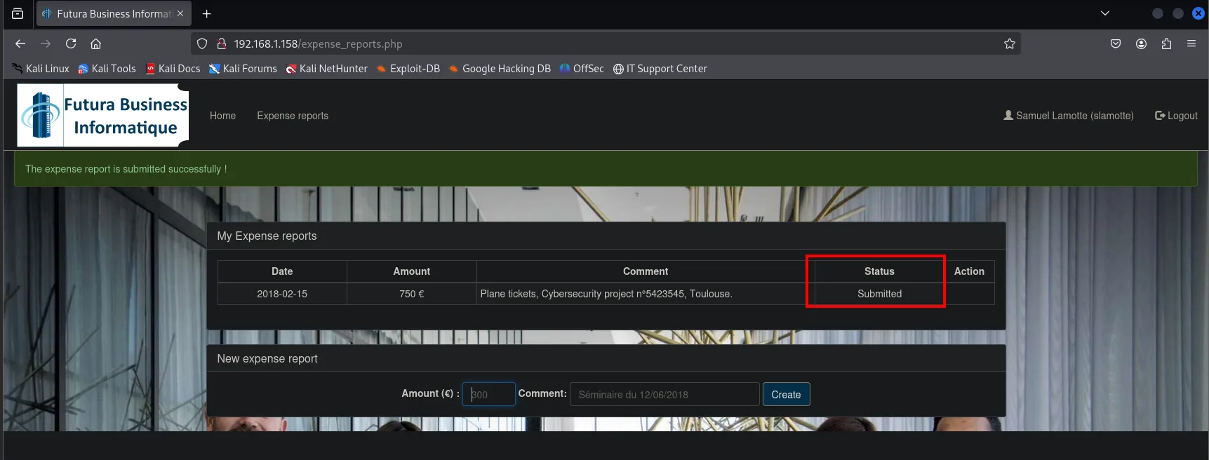 la pantalla de expense_reports.php con el banner The expense report is submitted successfully! y la columna Status del reporte de 750 euros marcada como Submitted