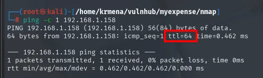 el ping a 192.168.1.158 responde con ttl=64, un paquete enviado y uno recibido