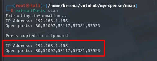 extractPorts devuelve IP Address 192.168.1.158 y Open ports 80,51007,53117,57381,57953, copiados al portapapeles