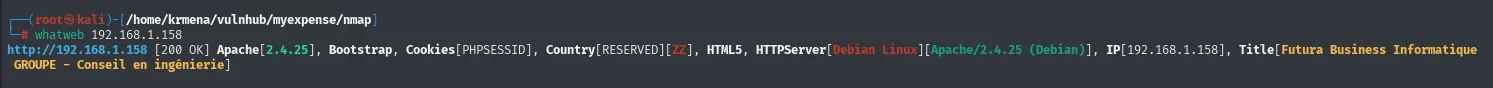 whatweb identifica Apache 2.4.25 sobre Debian con la cookie PHPSESSID y el título Futura Business Informatique GROUPE - Conseil en ingénierie