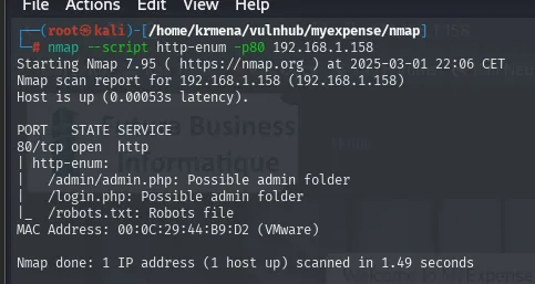 http-enum lista /admin/admin.php y /login.php como posibles carpetas de administración, más el fichero robots.txt