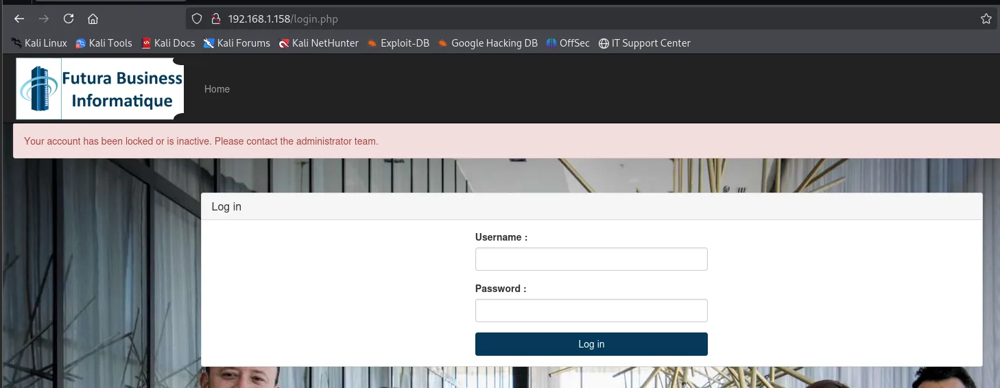 el login.php responde: Your account has been locked or is inactive. Please contact the administrator team.