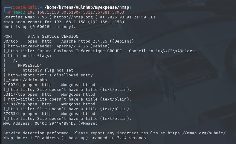 nmap identifica Apache 2.4.25 en el 80 con la cookie PHPSESSID sin httponly y un /admin/admin.php en robots.txt, y cuatro Mongoose httpd en los puertos altos