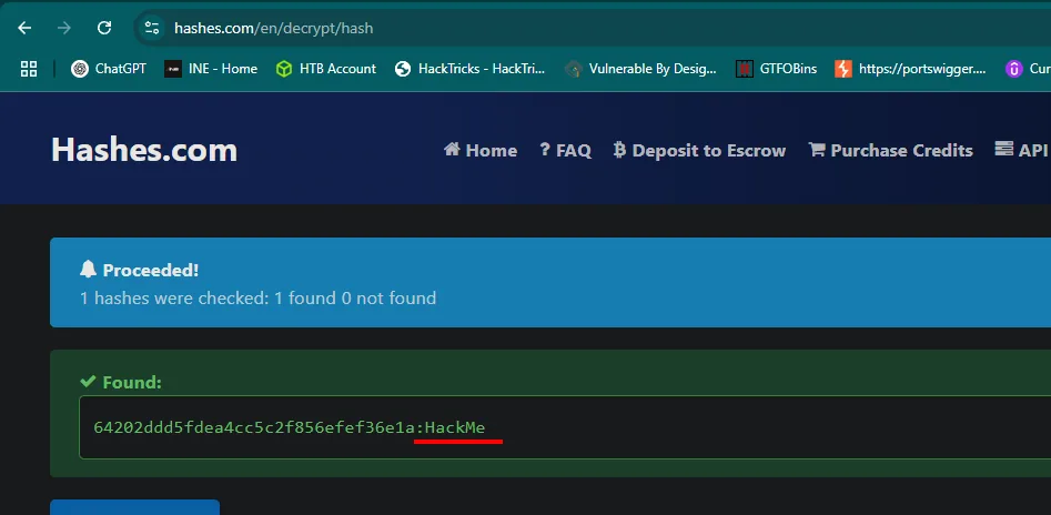 Hashes.com devuelve 1 hashes were checked: 1 found 0 not found y la pareja 64202ddd5fdea4cc5c2f856efef36e1a:HackMe