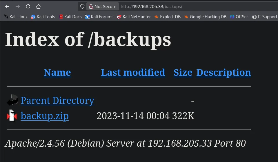 Índice de /backups con backup.zip disponible para descarga