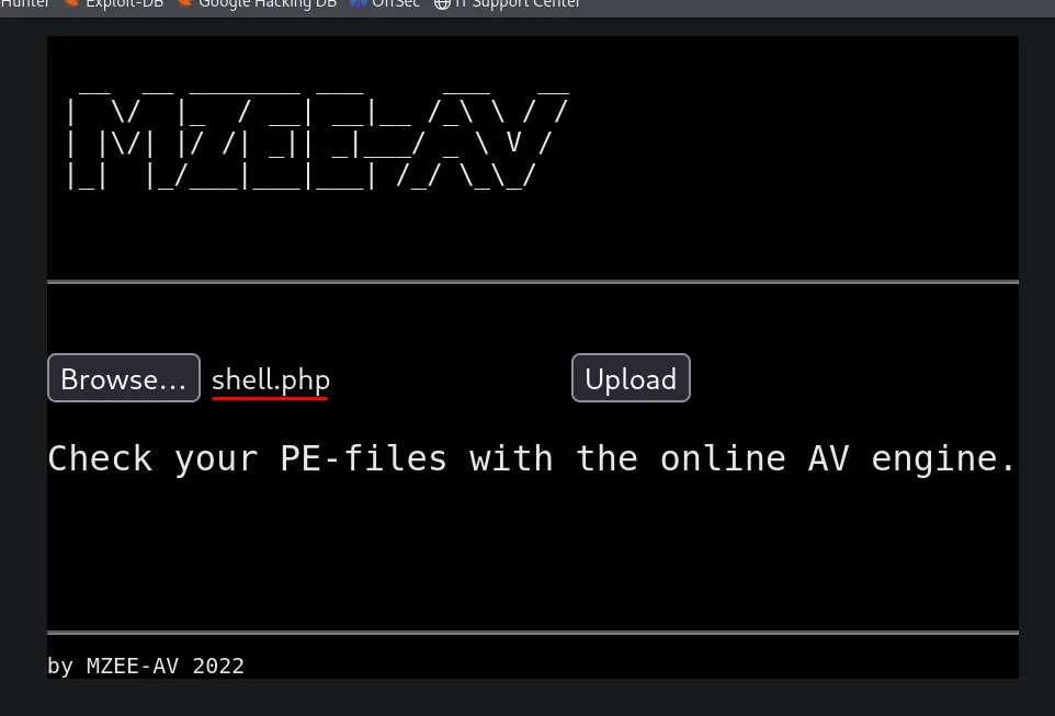 Formulario de MZEE-AV con shell.php seleccionada en Browse, lista para subir