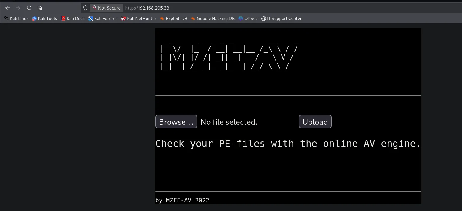 Portada de MZEE-AV con banner ASCII, botones Browse/Upload y el lema Check your PE-files with the online AV engine