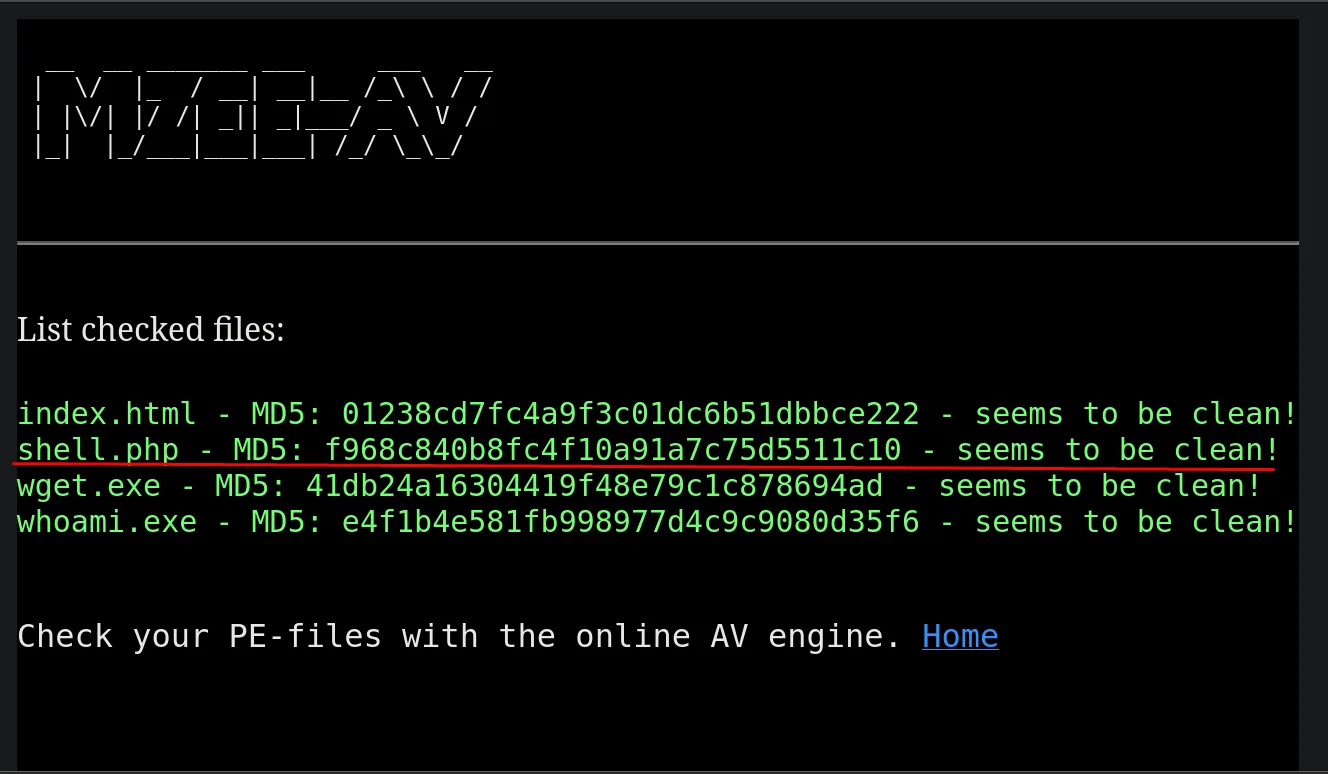 listing.php lista shell.php con su MD5 y la etiqueta seems to be clean