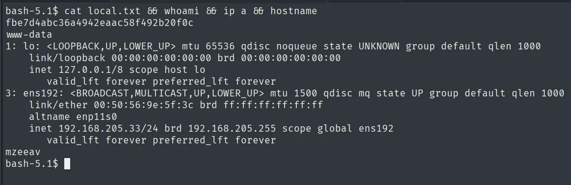 local.txt leída como www-data en mzeeav (192.168.205.33)