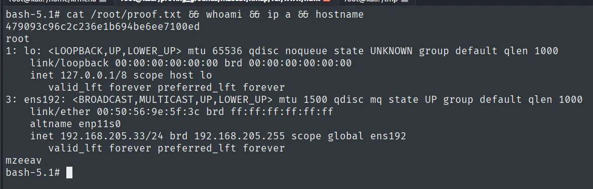 proof.txt leída como root en mzeeav