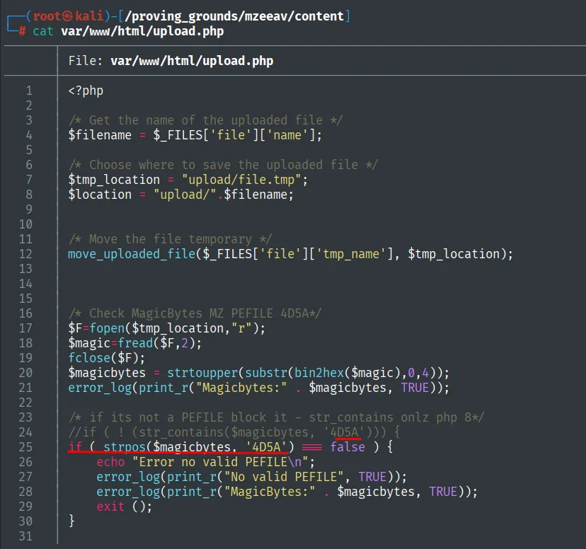 Código de upload.php: comprueba que los magic bytes contengan 4D5A con strpos, si no bloquea el fichero