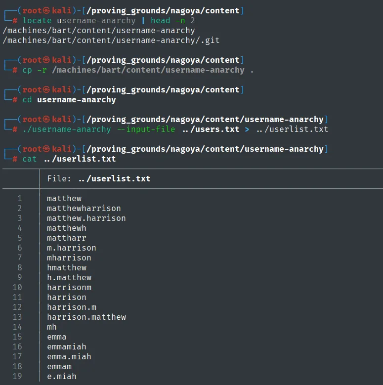 username-anarchy generando trece variantes de login por cada nombre