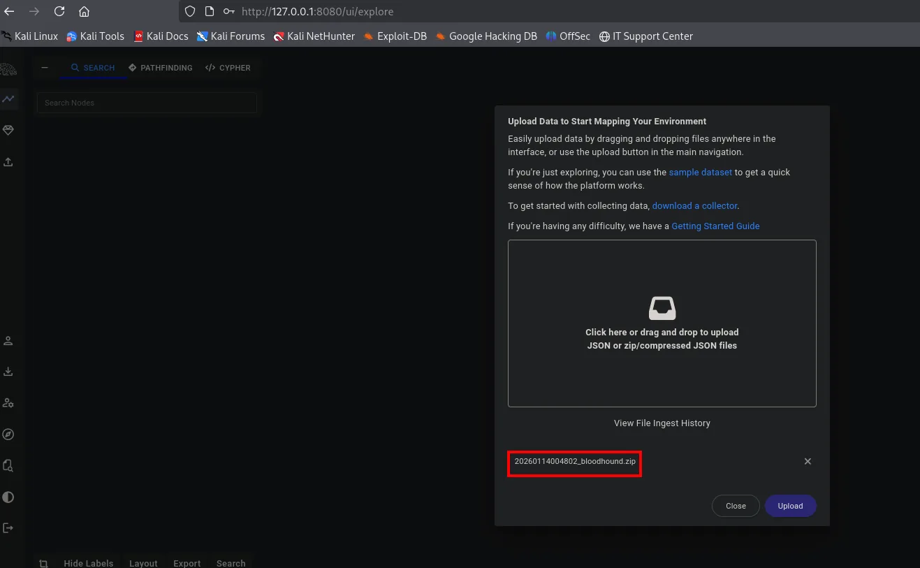 la interfaz de BloodHound con el zip 20260114004802_bloodhound.zip listo para subir