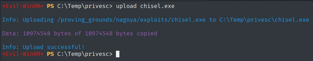 evil-winrm subiendo chisel.exe a C:\Temp\privesc