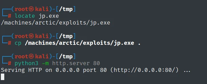 localización de jp.exe reutilizado de otra máquina y servidor HTTP para transferirlo