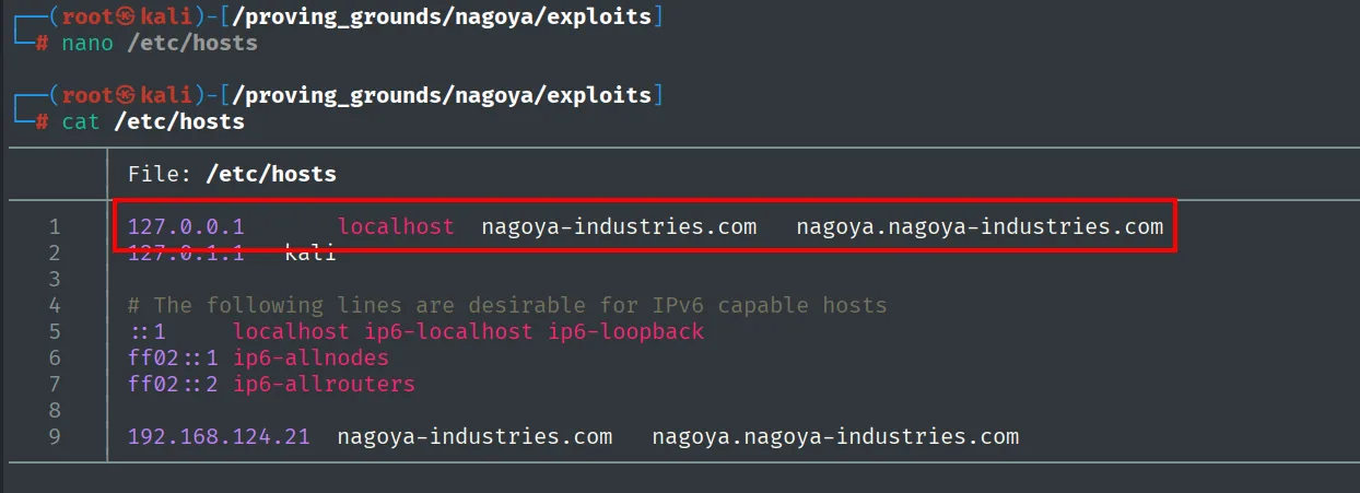 /etc/hosts con nagoya.nagoya-industries.com apuntando ahora a 127.0.0.1