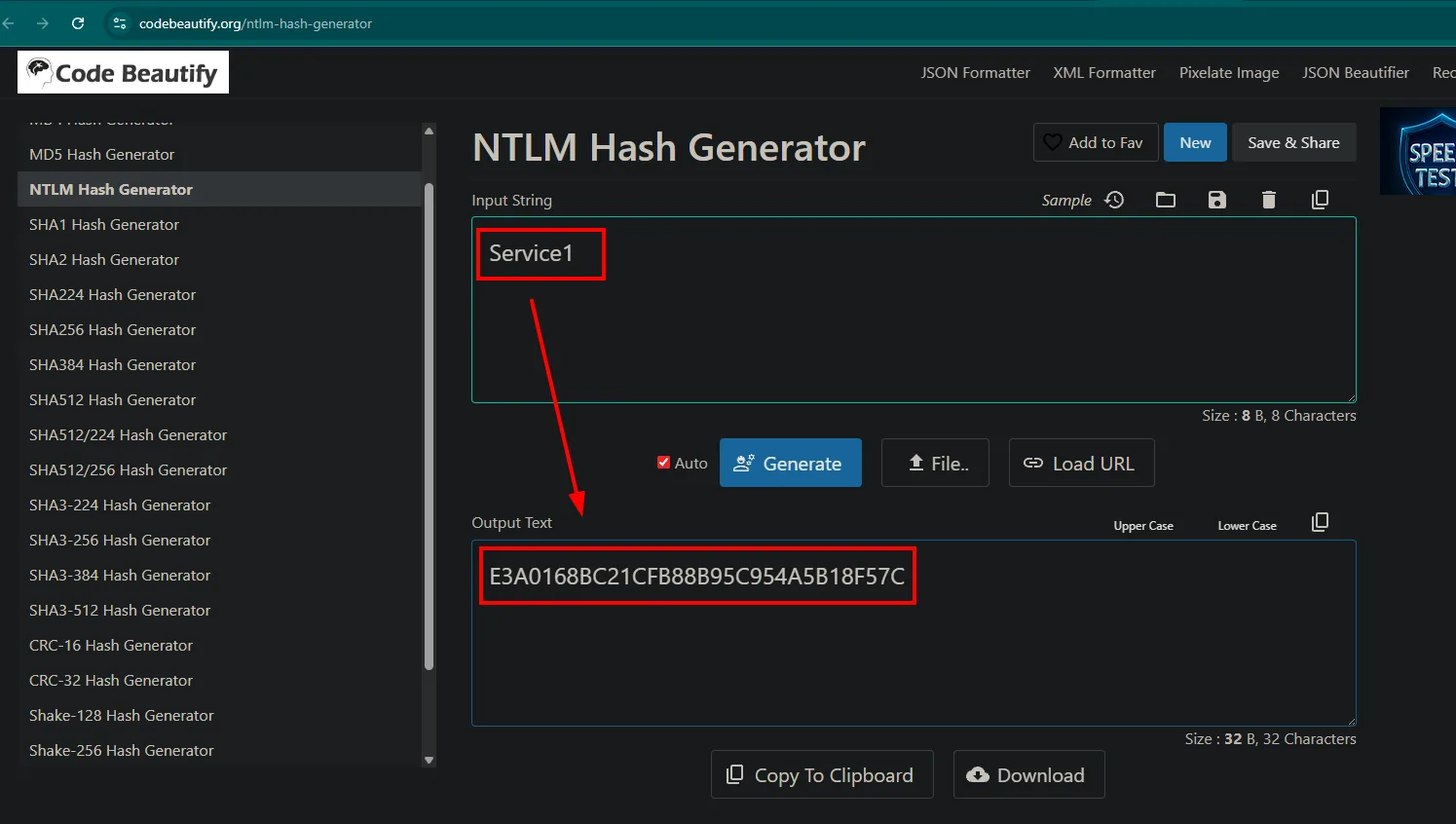 generador de hash NTLM: Service1 se convierte en E3A0168BC21CFB88B95C954A5B18F57C