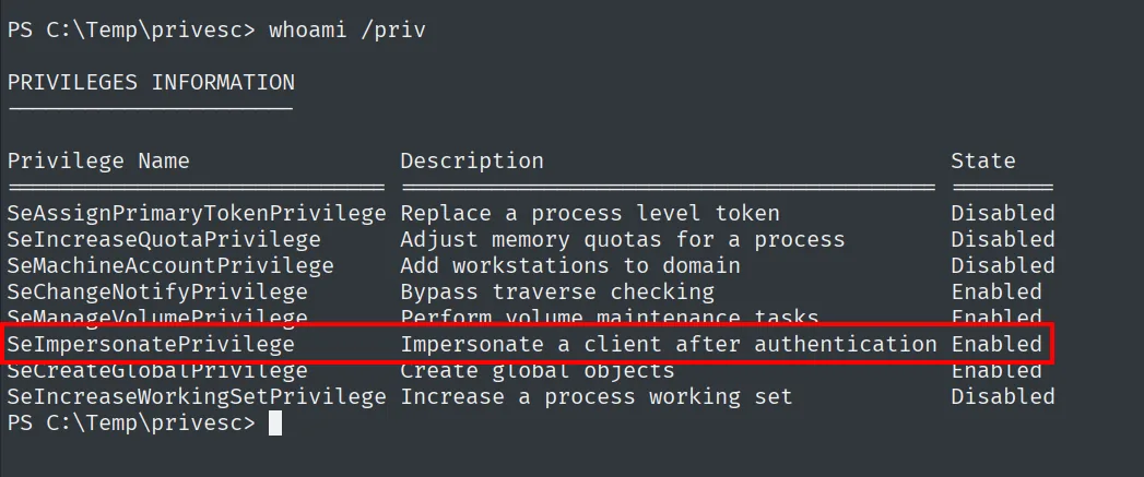 whoami /priv mostrando SeImpersonatePrivilege en estado Enabled para svc_mssql