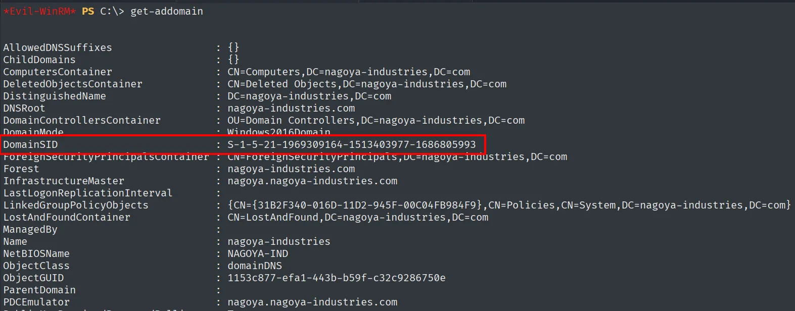 get-addomain devolviendo el DomainSID de nagoya-industries.com