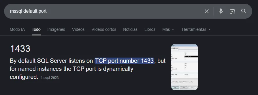 una búsqueda confirma que el puerto por defecto de MSSQL es el 1433