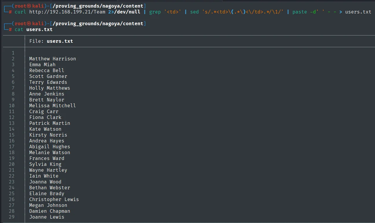 users.txt con los 28 nombres y apellidos extraídos de la página /Team