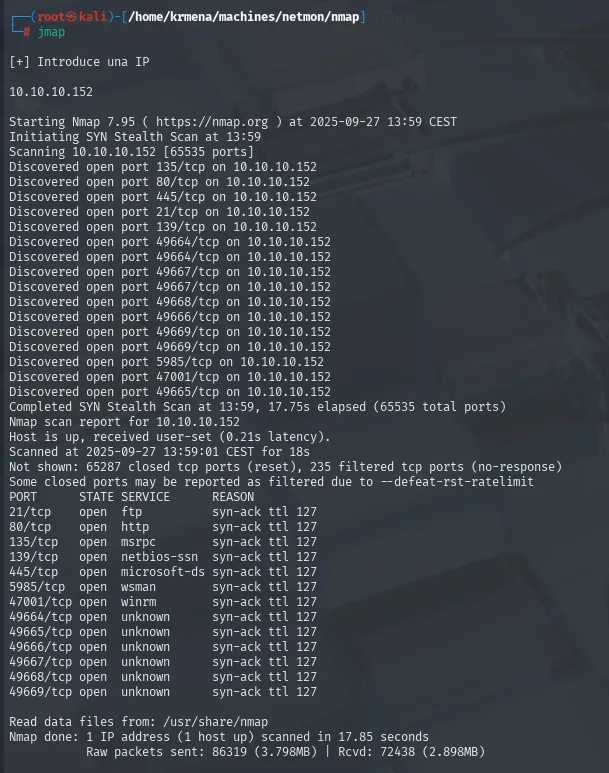 nmap -p-: 21, 80, 135, 139, 445, 5985 (wsman) y 47001, todos con ttl 127