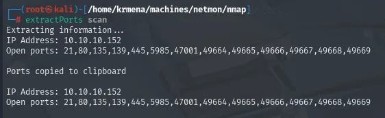 extractPorts resume el escaneo de Netmon: IP 10.10.10.152 y los trece puertos abiertos, copiados al portapapeles