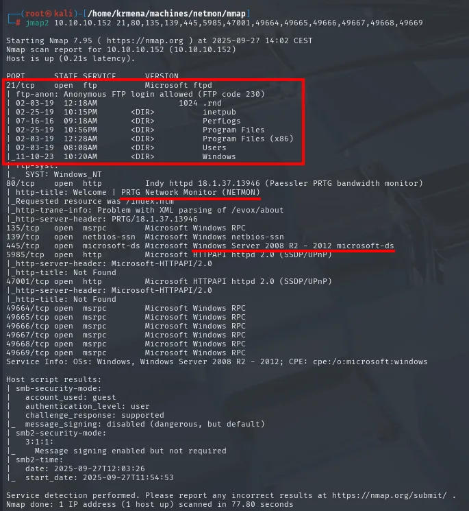 nmap -sCV: FTP anónimo, PRTG 18.1.37 en el 80, SMB y WinRM