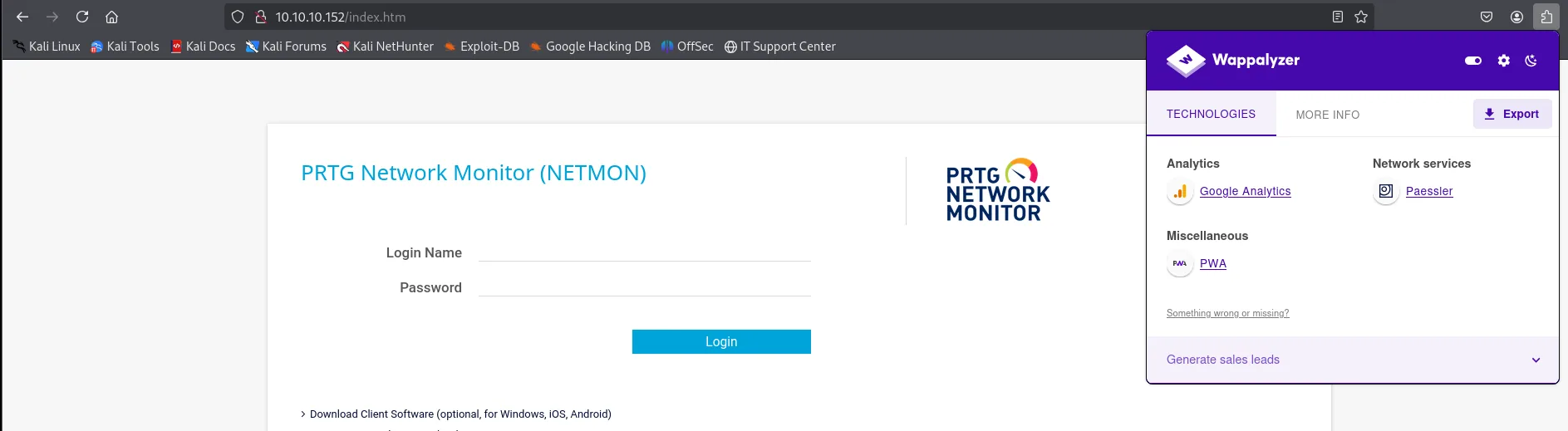 panel de login de PRTG Network Monitor
