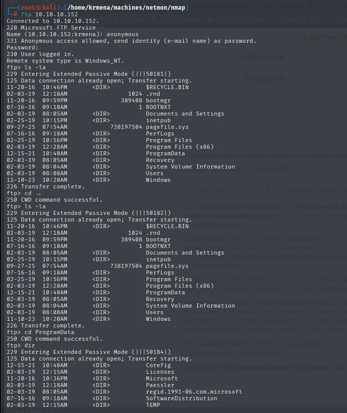 FTP anónimo: 230 User logged in, ls -la muestra la raíz C:\ completa y cd ProgramData revela la carpeta Paessler