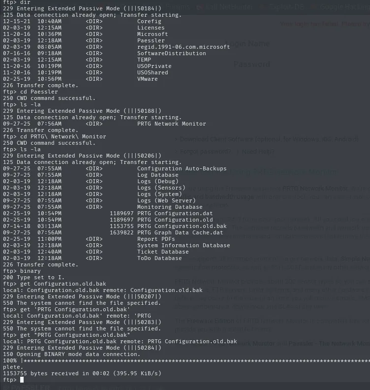 FTP anónimo navegando hasta el directorio de Paessler